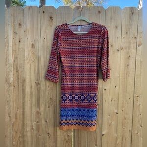 Tacera Women Casual Formal 3/4‎ Sleeve Stretch Dress Size Small Red Blue Boho